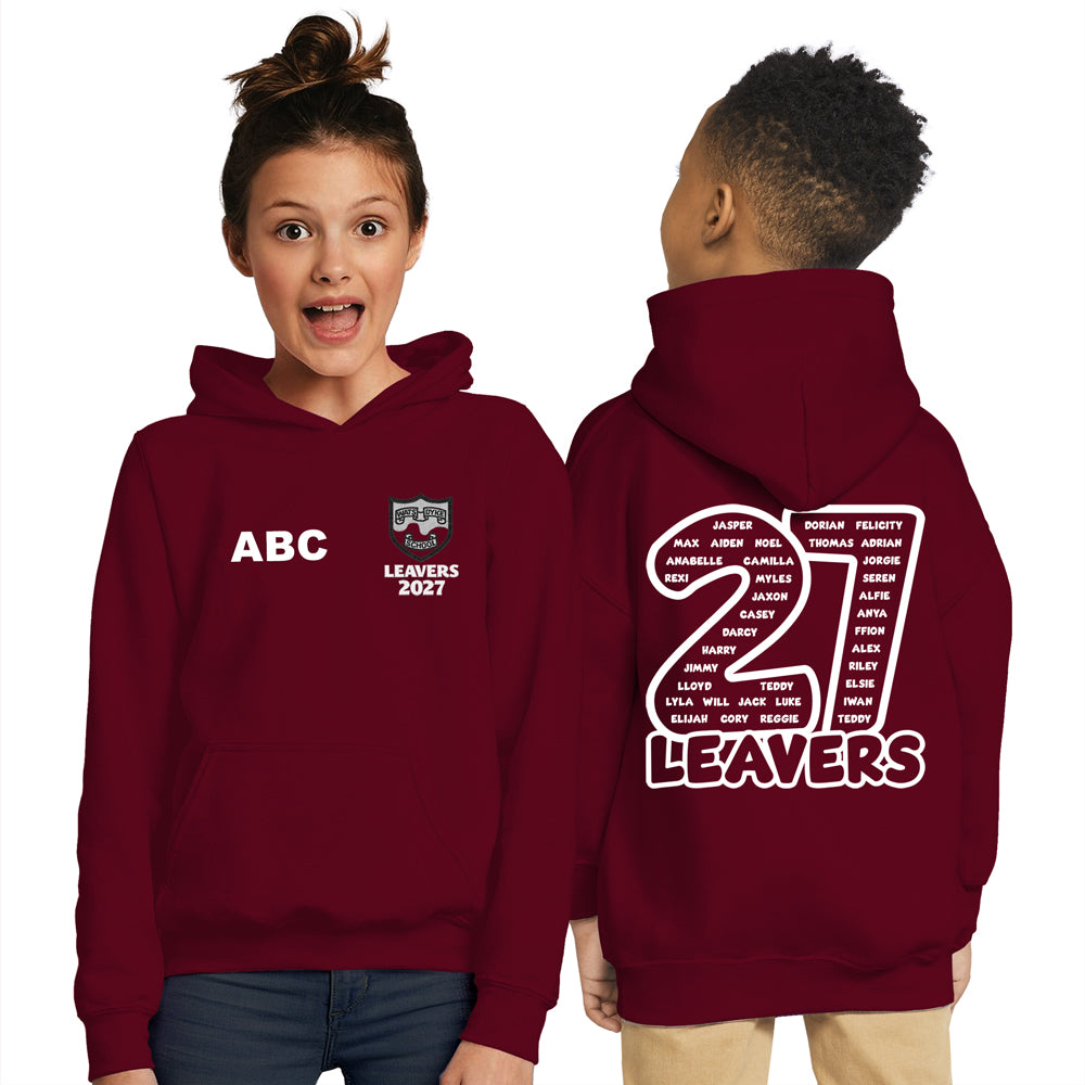 A child model shows the front and back of a burgundy hoodie. The front has 'ABC LEAVERS 2027 on the chest, and the back features a large 27 LEAVERS  graphic with a list of names inside the number 27.