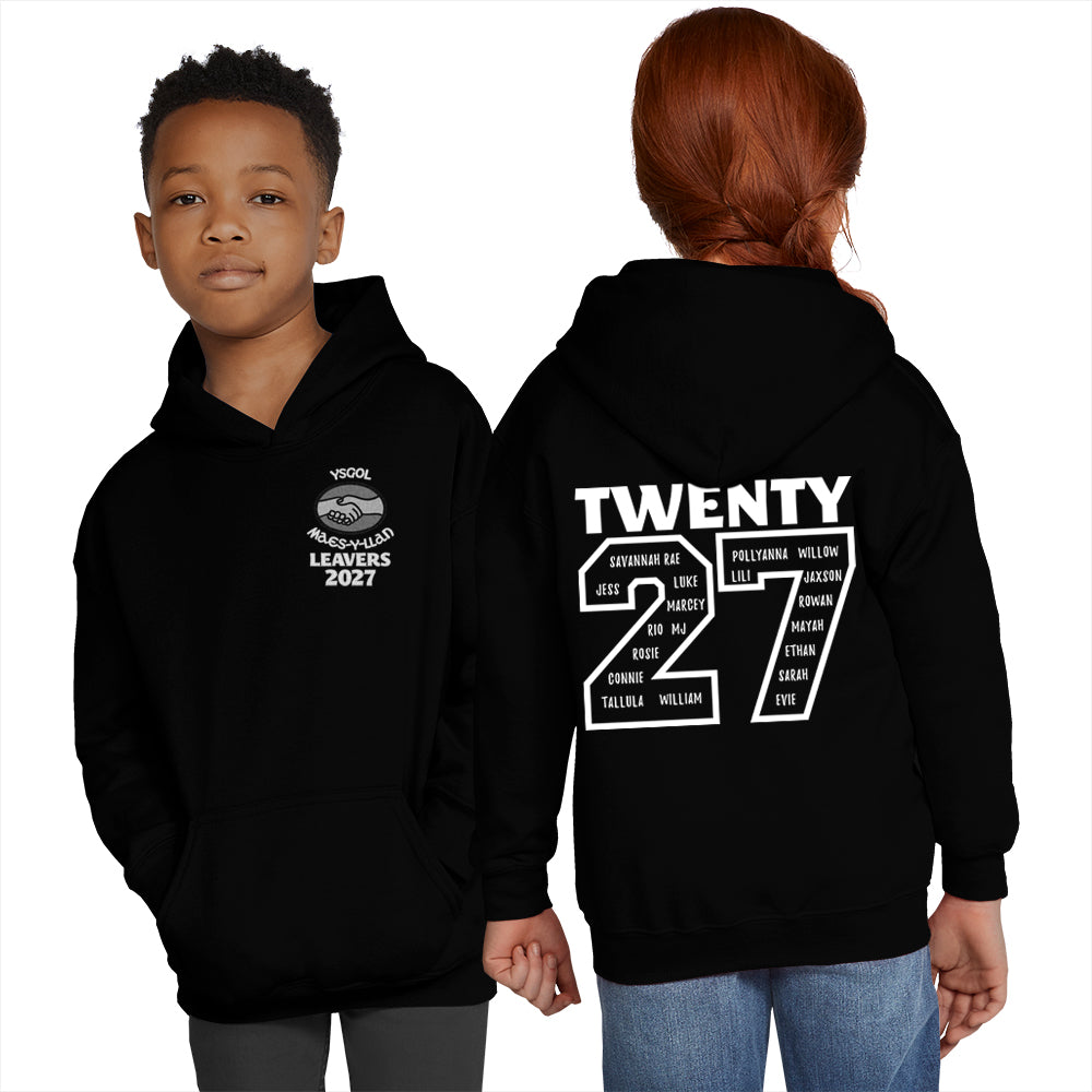 
                  
                    A boy and a girl modeling a Black Maes-Y-Llan Leavers hoodie. The girl shows the back of the hoodie, which features the number 27 with names inserted.
                  
                