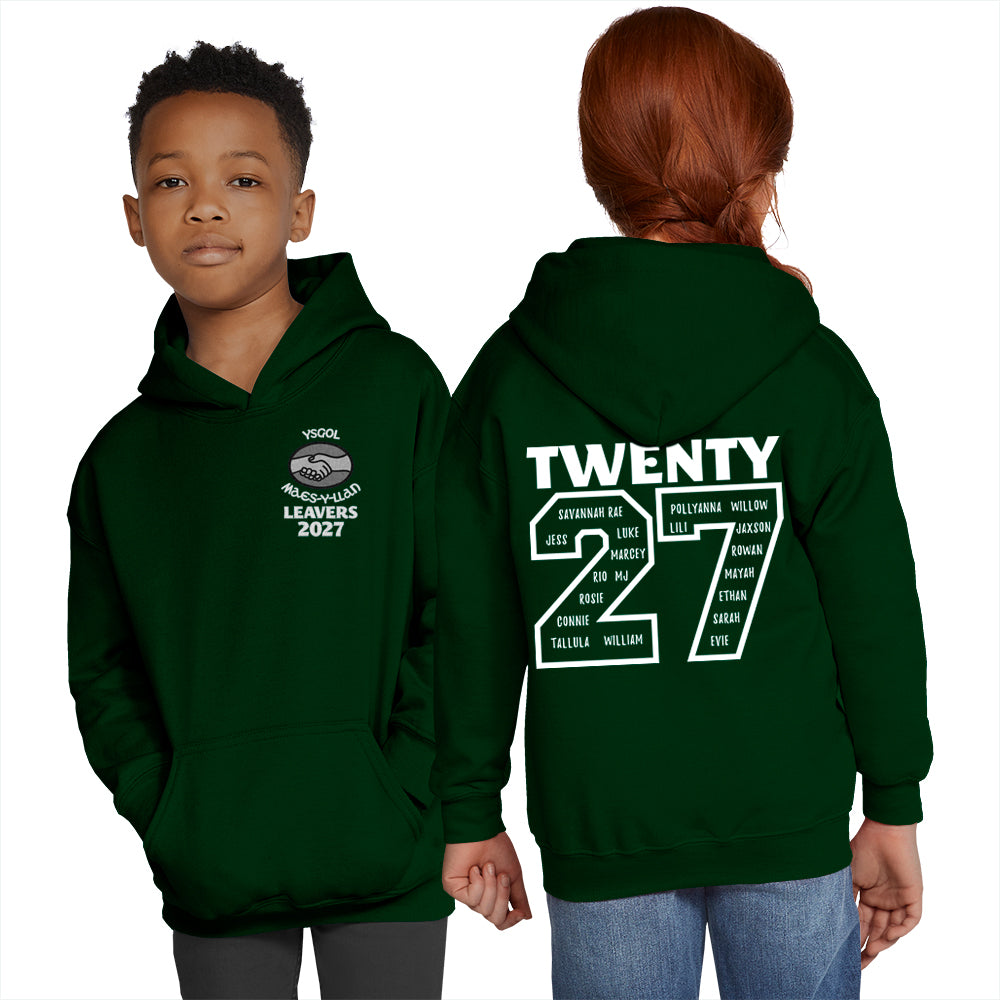 
                  
                    A boy and a girl modeling a Forest Green Maes-Y-Llan Leavers hoodie. The girl shows the back of the hoodie, which features the number 27 with names inserted.
                  
                