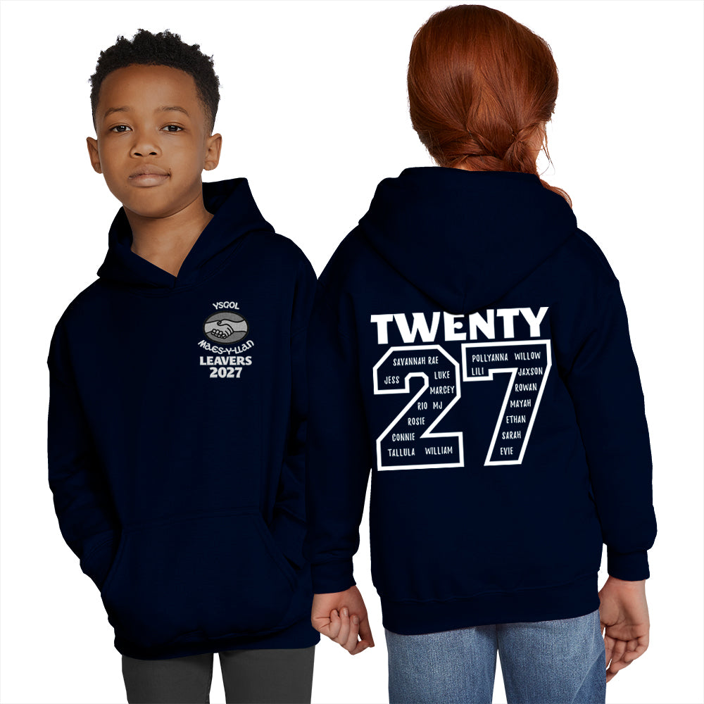 
                  
                    A boy and a girl modeling a Navy Blue Maes-Y-Llan Leavers hoodie. The girl shows the back of the hoodie, which features the number 27 with names inserted.
                  
                