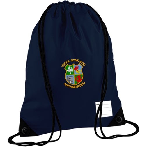 A navy blue gymsac featuring an embroidered crest that includes symbols and the text 